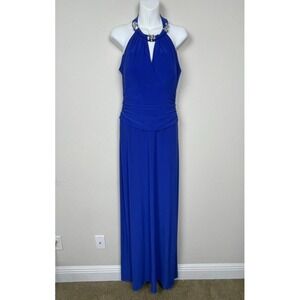 NWT Cache Y2K Formal Evening Gown Blue High Neck Rhinestone Open Back Maxi Sz 12